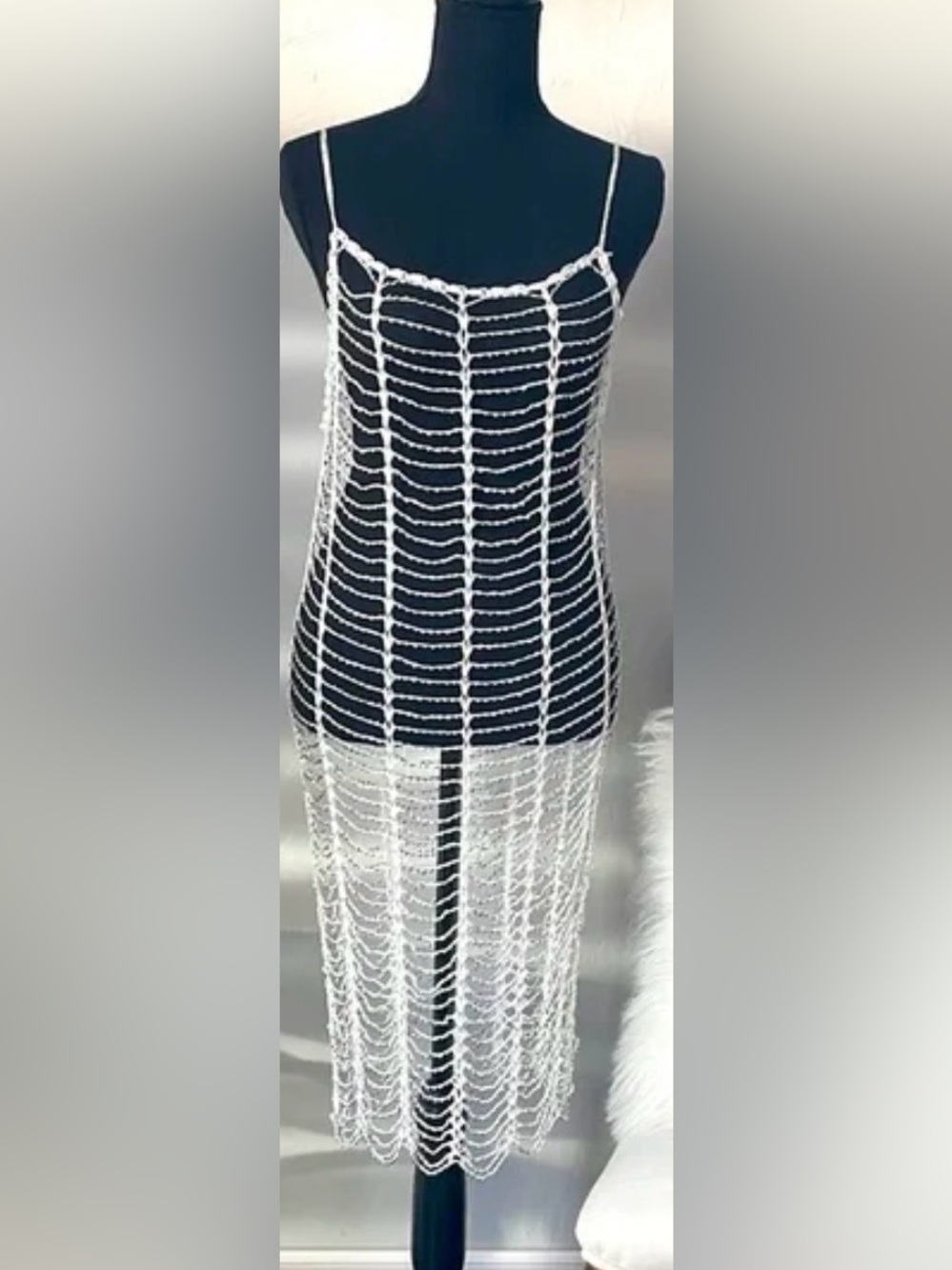 Ivory and Silver Beaded Swim Cover Up Dress